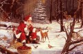 Papá Noel entrega regalos de Navidad a los animales en la nieve de los árboles del bosque
